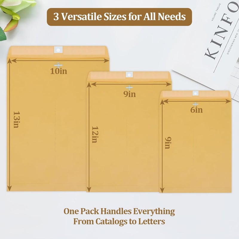 smrtcol 3 Sizes Clasp Envelopes Security Mailing Envelopes with Metal Clasps Kraft Paper Envelopes for Office, School, Home, Shipping Documents, Photos, Mailers (12 Packs) - Image 2